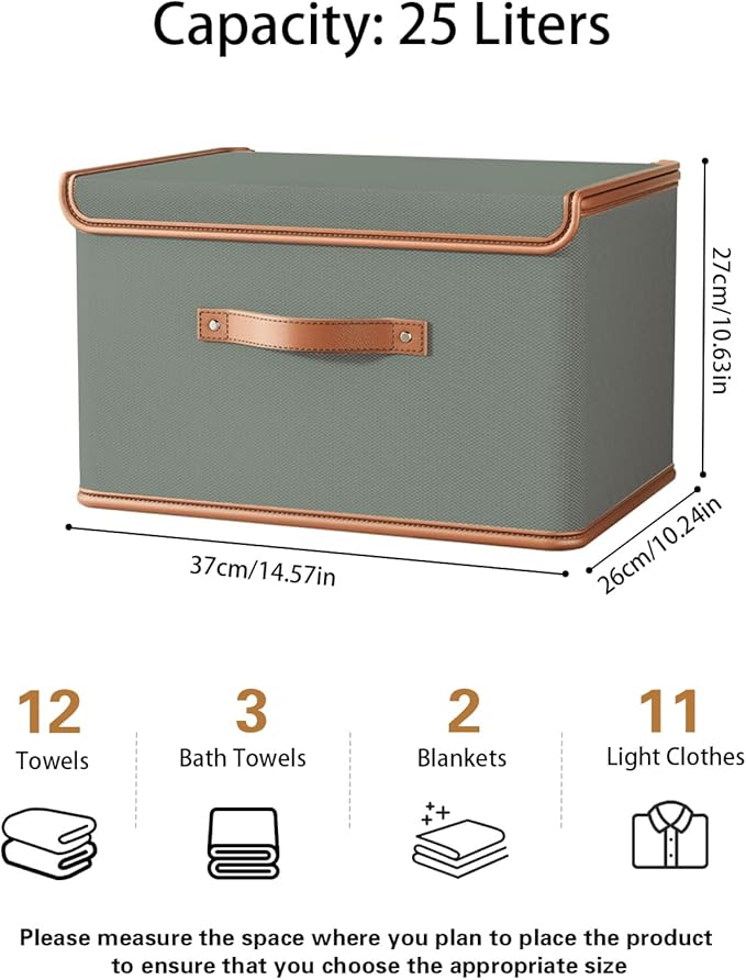Tuza 2 Pack Storage Bins with Lids, Collapsible Closet Organizer Container, Fabric Organizer Box with Handles, Decorative Storage Boxes with Lids for Organizing Clothes, Blanket, Grey, Medium