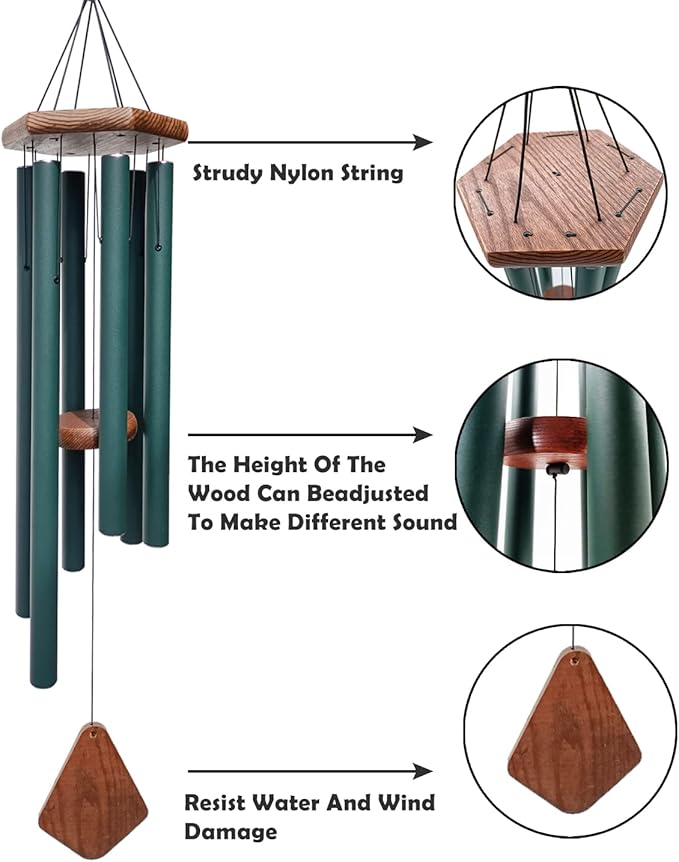 Wind Chimes Outdoor Large Deep Tone,Sympathy Wind Chime Outdoor, Memorial Wind-Chime with 6 Tuned Tubes, Elegant Chime for Garden, Patio, Balcony and Home Decor, Matte Green