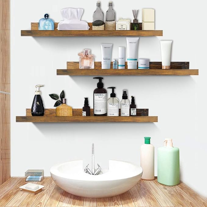 Giftgarden 24 Inch Floating Shelves Wall Mounted Set of 3, Rustic Large Wall Shelves Picture Ledge Shelf for Bedroom Living Room Bathroom Kitchen, 3 Different Sizes