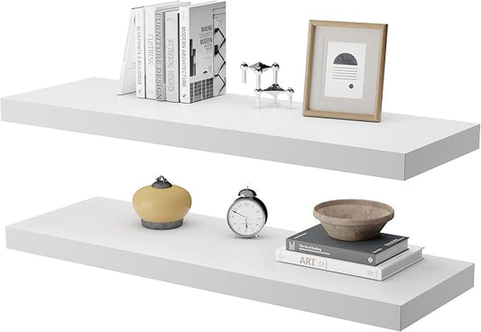 Large Floating Shelves for Wall Set of 2 Wooden Wall Shelves 30 in x 12.75 in x 2 in Room Decor Long Shelf with Invisible Wall Mount Bracket for Bedroom Kitchen Living Room White