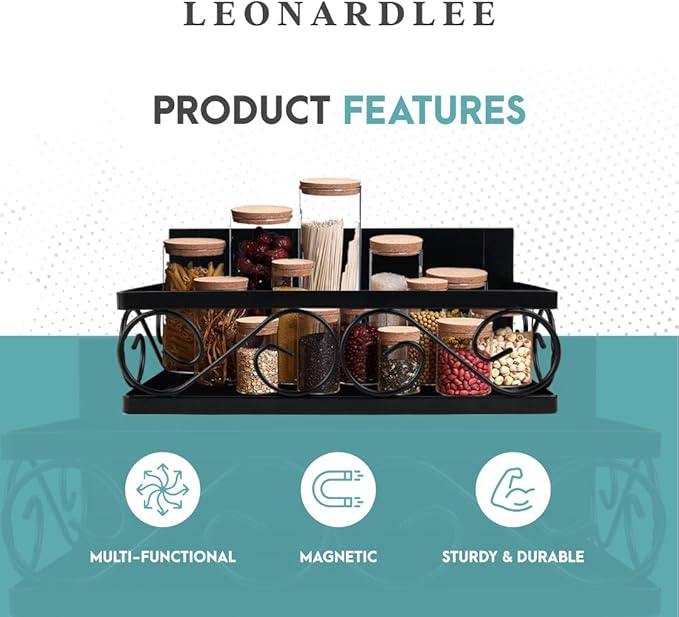 LEONARDLEE Magnetic spice Rack, Stronger Magnet with Wall Mount Option. 4 Removable Hooks, Perfect Space Saver for Kitchen- for Holding Spices, Jars, Bottle, cans (Pack of 2)