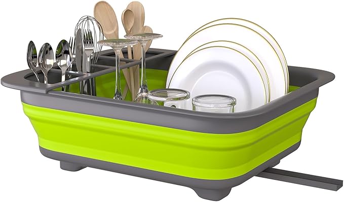 THANSTAR Collapsible Dish Drying Rack for RV Campers Portable Dinnerware Drainer Organizer for Kitchen Travel Trailer-Green