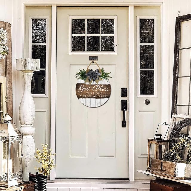 FemiaD God Bless This Home and All Who Enter Sign for Front Door Funny Wreaths Hanging Wooden Plaque Decoration Round Rustic Wood Farmhouse Porch Decor for Home Front Door Decor 11inch
