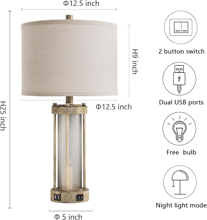 Farmhouse Table Lamps Set of 2 for Living Room, Vintage Bedroom Nightstand Lamp with Dual USB Ports, Bedside Lamp with Frosted Glass Nightlight for End Table Entryway, 4 Bulbs Included (Earthy Gray)