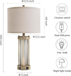 Farmhouse Table Lamps Set of 2 for Living Room, Vintage Bedroom Nightstand Lamp with Dual USB Ports, Bedside Lamp with Frosted Glass Nightlight for End Table Entryway, 4 Bulbs Included (Earthy Gray)