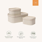 La Jolie Maison Fluted Cardboard Storage Baskets with Leather-Like Lids, Sturdy Stackable Paper Boxes Decorative Tray,Set of 3 Ivory