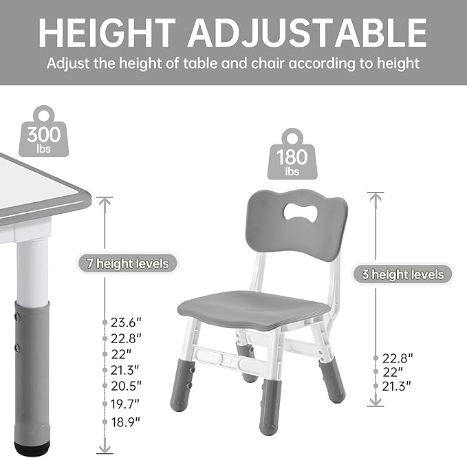 Kids Study Table and Chairs Set, Height Adjustable Toddler Table and Chair Set for Kids Ages 3-8, Graffiti Desktop (Grey)