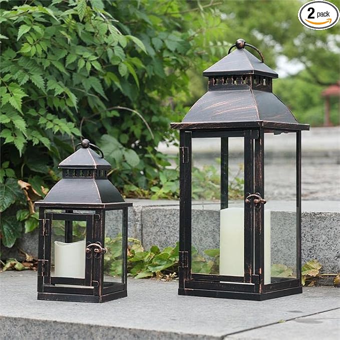 NEEDOMO Lanterns Decorative Outdoor&Indoor, Set of 2 Large Bronze Metal Lantern Decor with Glass, Candle Holder for Porch, Patio, Garden, Balcony, Wedding, Table Centerpiece Decorations