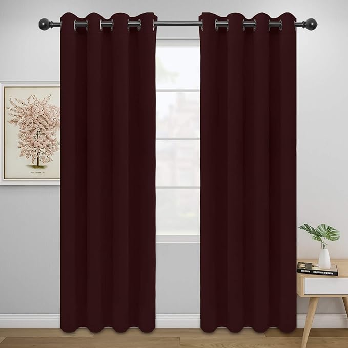 Easy-Going Blackout Curtains for Bedroom, Solid Thermal Insulated Grommet and Noise Reduction Window Drapes, Room Darkening Curtains for Living Room, 2 Panels (52x84 in,Wine)