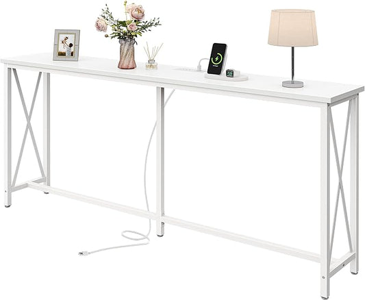 SUPERJARE 70 Inch Console Table with Outlets and USB-C Port, Extra Long Behind Couch Sofa Table with X-Shaped Design, Narrow for Entryway, Living Room, Metal Frame, Wooden Top, White