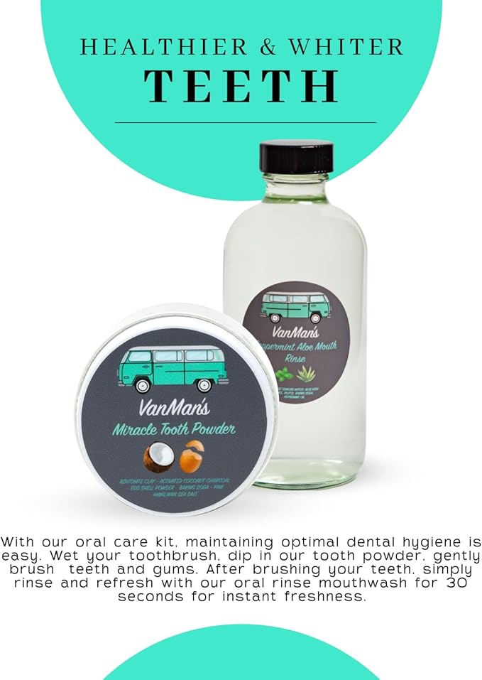 Vanman's - Oral Mouth Care Kit with Powder Toothpaste (2.5 Ounce) and Oral Rinse Mouthwash (8 Ounce) - Aloe, Mint Remineralizing Mouthwash and Tooth Powder with Coconut Charcoal, Egg Shell