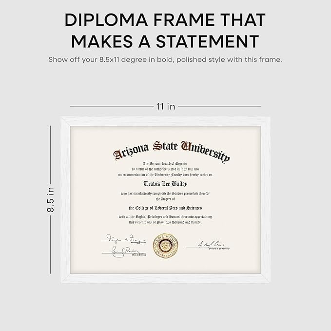Homeforia 8.5 x 11 Diploma Frame White Wood, High End Oak 8.5x11 Certificate Frames, 11x8.5 Document Frames for Wall or Tabletop, 8.5 by 11 Award White Wooden Frame, Tempered Glass, Wall Kit, Set of 1