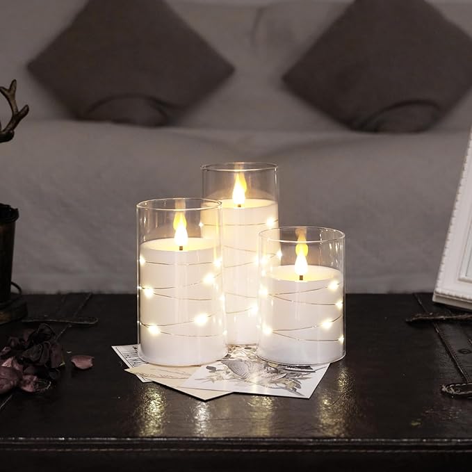 NURADA Flickering Flameless Candles: Built-in Star String Lights Acrylic 3D Wick Battery Operated LED Pillar Candles with Remote and Timer for Romantic Mood Home Decoration - 3 Pack Pure White