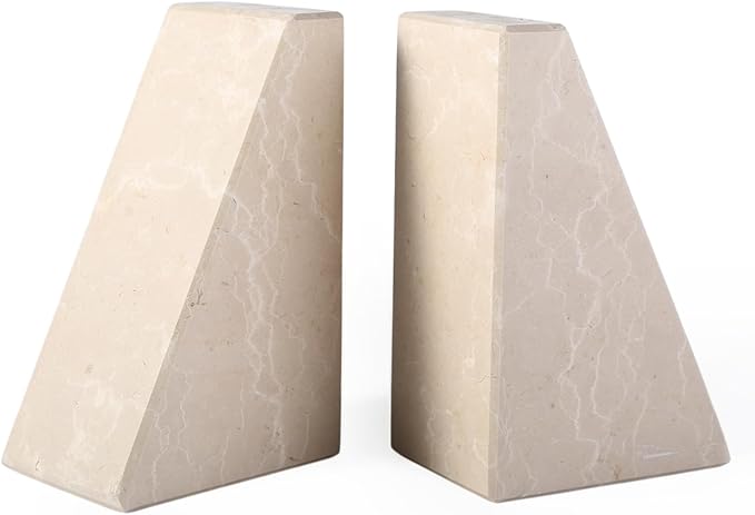 Marble Bookends for Heavy Books, Decorative Book Ends for Shelves, Durable and Heavy-Duty Stone Bookends for Hardback Book & CDS, Unique Book Stopper & Holder, New Jura Beige-Vein, Set of 2