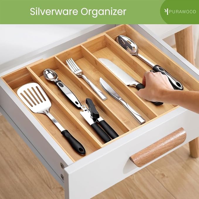 Bamboo Drawer Organizer, 2 Pack - Expandable Silverware Organizer & Utensil Drawer Organizer, Cutlery Tray with Dividers, 7-9 Slots - Premium Kitchen Organizer for Utensils & Flatware (Natural)