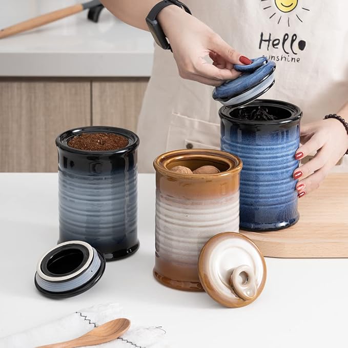 Nihow Food Storage Jar Sets: Ceramic Container with Air Tight Lid for Flour/Sugar/Rice/Coffee/Cookies/Candy - Seal Damp-proof Canister for The Kitchen - Set of 3 （Blue & Black）