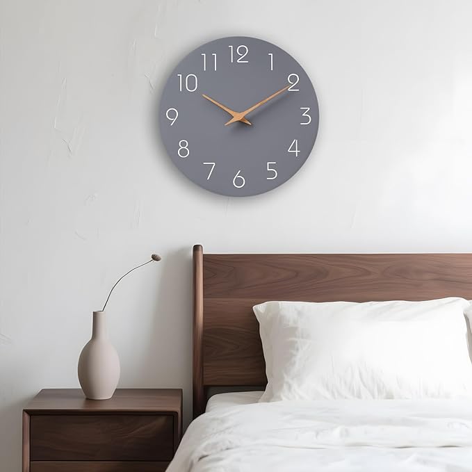 Mosewa Wall Clock 8 Inch Gray Battery Operated Silent Non Ticking Simple Modern Wood Clock Decorative for Bedroom Living Room Kitchen Home Bathroom Office