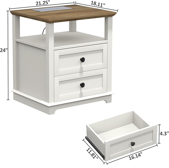 HIFYOBRO End Table with Flip Top Charging Station and 2 Drawers, Type-C & USB Port & Power outlets, Wooden Storage Cabinet, Large Side Table with Storage for Living Room and Bedroom (White)