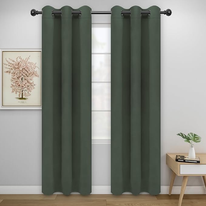 Easy-Going Blackout Curtains for Bedroom, Solid Thermal Insulated Grommet and Noise Reduction Window Drapes, Room Darkening Curtains for Living Room, 2 Panels (34x72 in, Greyish Green)