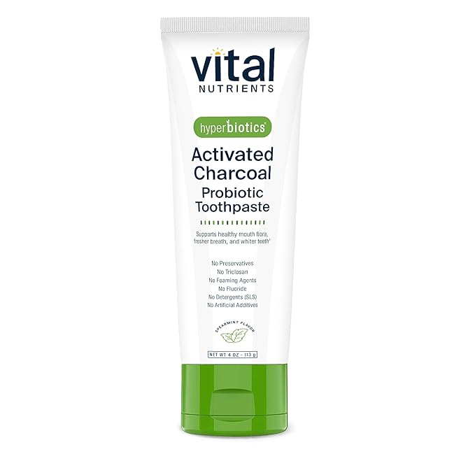 Vital Nutrients Hyperbiotics Activated Charcoal Probiotic Toothpaste | Fluoride Free Toothpaste with Oral Probiotics | Supports Healthy Mouth Flora, Fresher Breath, Teeth Whitening* | Vegan | 4 oz