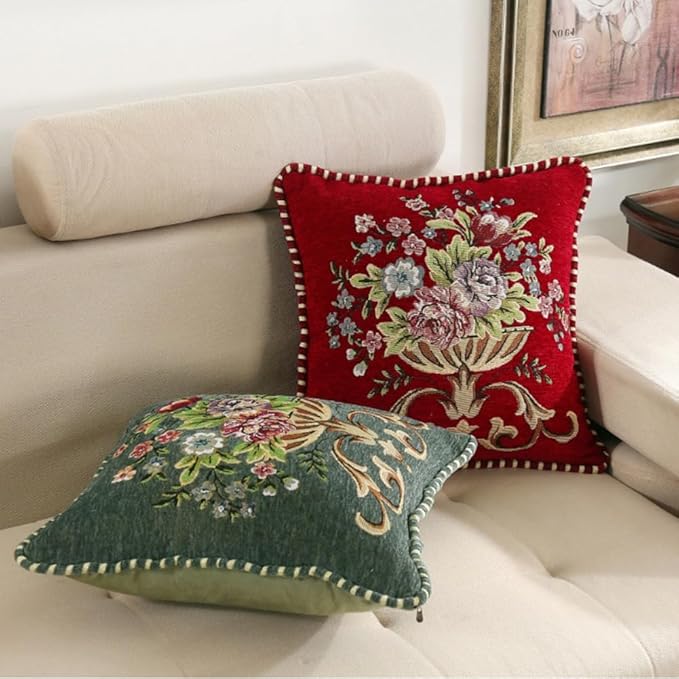 Set of 2 Red Vintage Embroidered Throw Pillows Covers 18x18in Sofa Couch,Red Floral Embroidered Cushion Cover for Sofa Bed Chairs Car