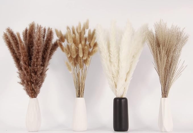 Dried Pampas Grass Decor, 100 Stems Pampas Grass Contains Bunny Tails Dried Flowers, Reed Grass Bouquet for Wedding Boho Flowers Home Table Decor, Rustic Farmhouse Party (17", White and Brown)