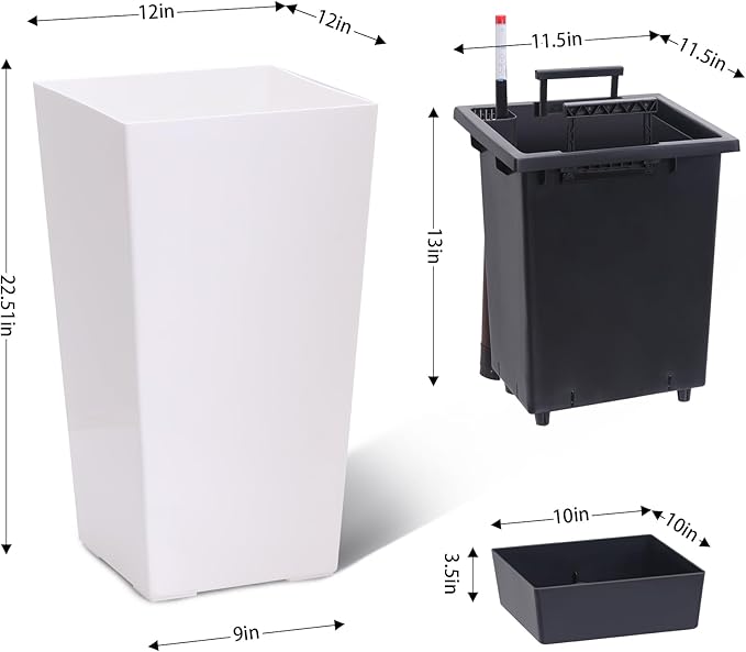 22.5" Tall Planters Set of 2, Outdoor＆Indoor Black Planter Pots, High Front Porch Planter Pots with Drainage Holes＆Water Level Monitor＆Inner Bucket, Automatic Watering, White