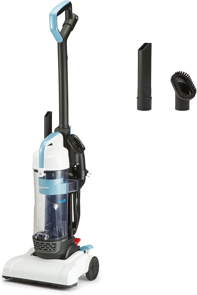 Amazon Basics Upright Bagless Vacuum Cleaner for Carpet and Hard Floors, With Crevice and Upholstery Tools, Detachable Handle, Lightweight (8.4 lbs), 1.7L Dust Cup, 720W, 25ft Cord, Black/White
