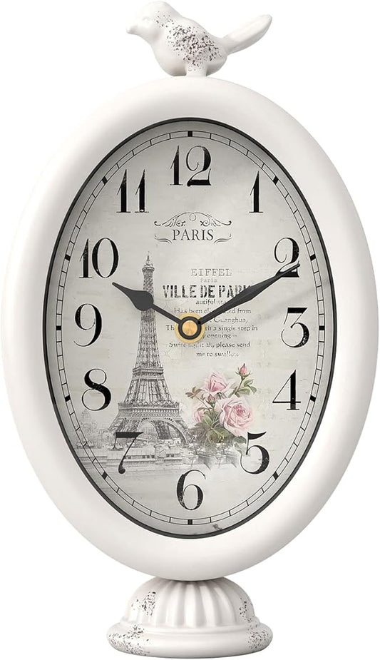 Vintage Table Clock with Bird, Desk and Shelf Decor Clock, French Paris Style, Antique White Metal Mantel Clocks for Living Room, Farmhouse, Bedroom, Bedside, Gift (10" H x 5.9" W)