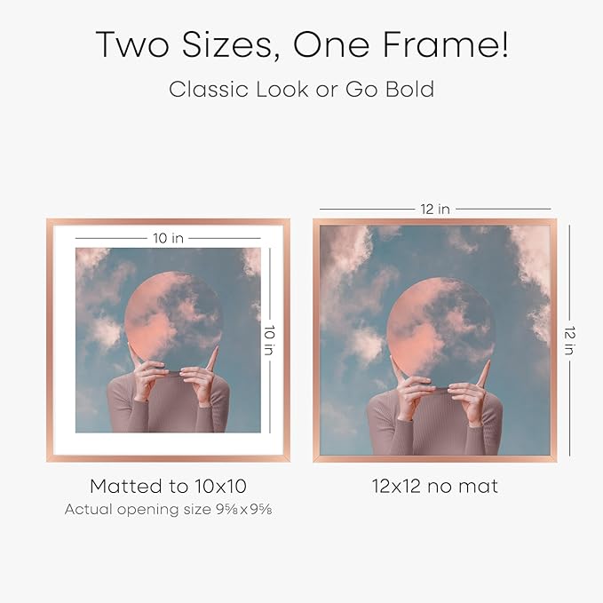 Homeforia 12x12 Picture Frame Rose Gold, High End Metal 12 x 12 Square Poster Frame with Mat 10 x 10 Photo, 12x12 Frame Matted to 10x10 Print, 12by12 Hanging Frames, Tempered Glass, Wall Kit, Set of 1