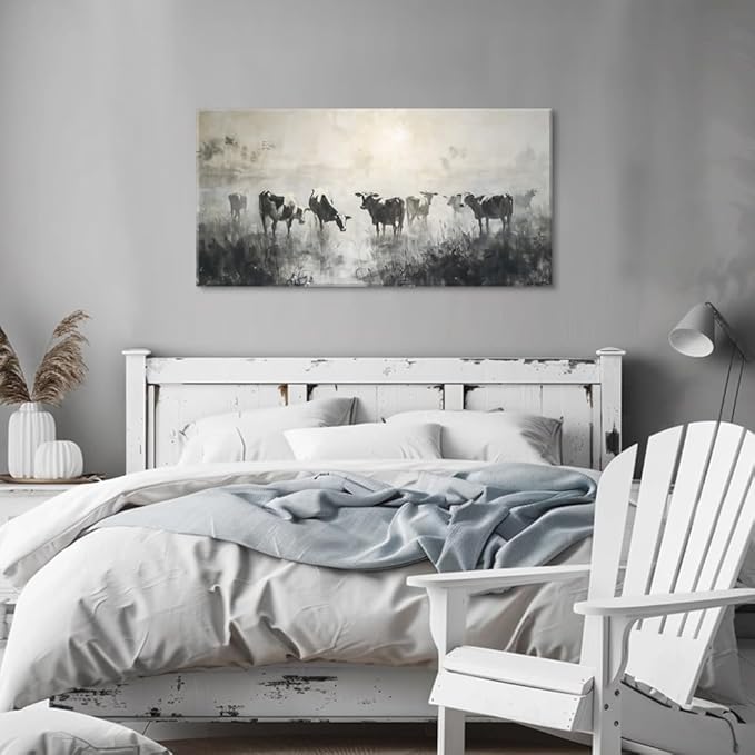 LASMOND Black and White Cow Wall Art for Living Room Ink Wash Canvas Painting Prints Morning Cattle Vintage Country Farmhouse Artwork Bedroom Office Decor (40x20 Inches)