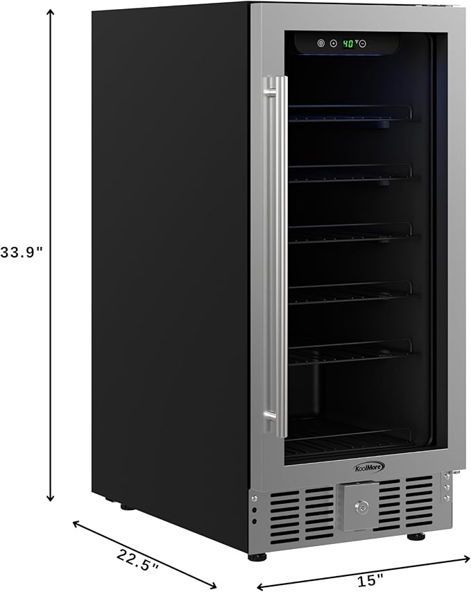 KoolMore 15” Inch Small Built-In Refrigerator and Beverage Cooler for Soda Cans, Beer Cans, Food and Fresh Snacks, 5 Wire Shelves, Adjustable Temperature Range (KM-BIR3C-GD), Stainless Steel