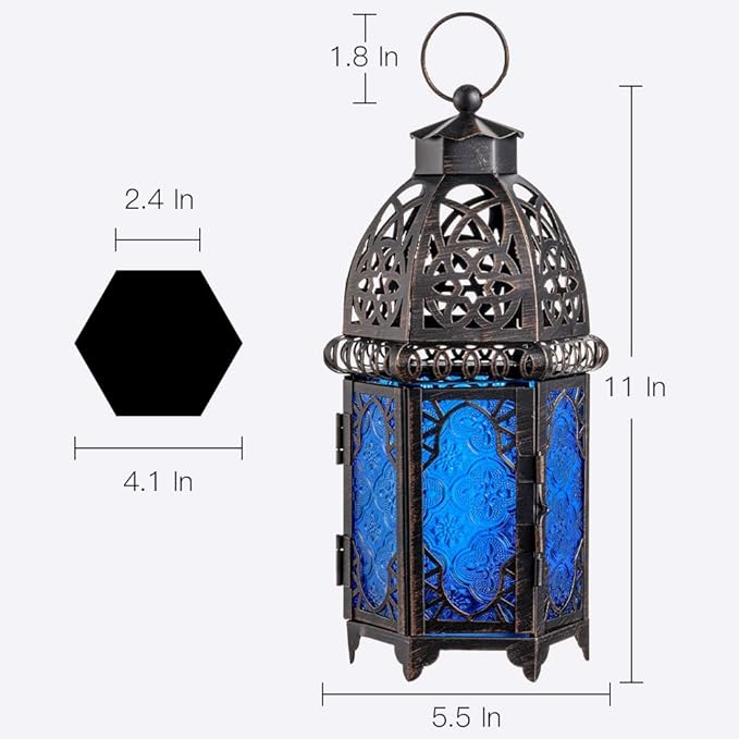 NEEDOMO Hanging Moroccan Lantern, 12.8'' Vintage Candle Holder, Metal Lanterns Decorative Indoor Outdoor, Table, Patio, Porch, Shelf, Gothic Home Decor (Blue, Large Size)