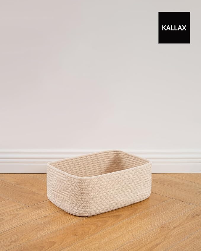 KALLAX Small Woven Basket, 13.5 x 9.5 x 5 Inches, Storage Basket for Organizing, Cute Small Rope Shelf Closet Cube Storage Bins Baskets for Shelves, Dog Toy Gift Baskets Empty, 3 Packs, Beige