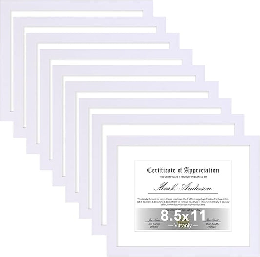 Vittanly 8.5x11 Picture Frames Set of 9, Shatter Resistant Plexiglass, Display 6x8 Pictures with Mat or 8.5x11 without Mat, Photo Frames for Wall or Tabletop, Engineered Wood, White