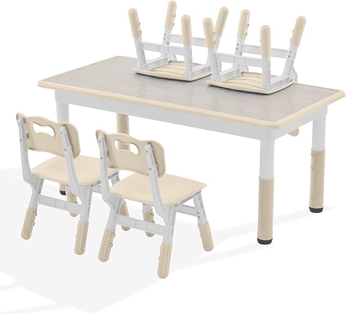Kids Study Table and Chairs Set, Height Adjustable Toddler Table and Chair Set for Kids Ages 3-8, Graffiti Desktop (Burlywood - 2)