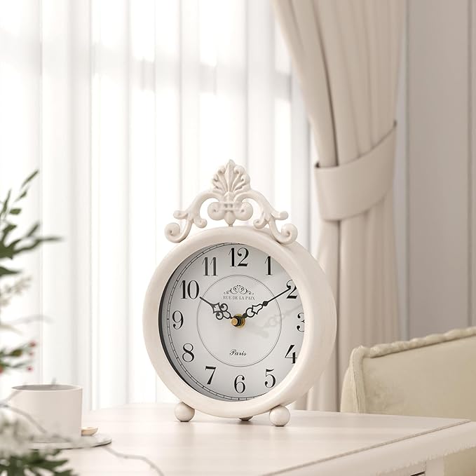 Vintage White Table Clock, Desk and Shelf Mantel Clock, French Rustic Antique Style Decor Clocks, for Farmhouse, Bedroom, Living Room, Bedside, Gift (9" H x 6.3" W)