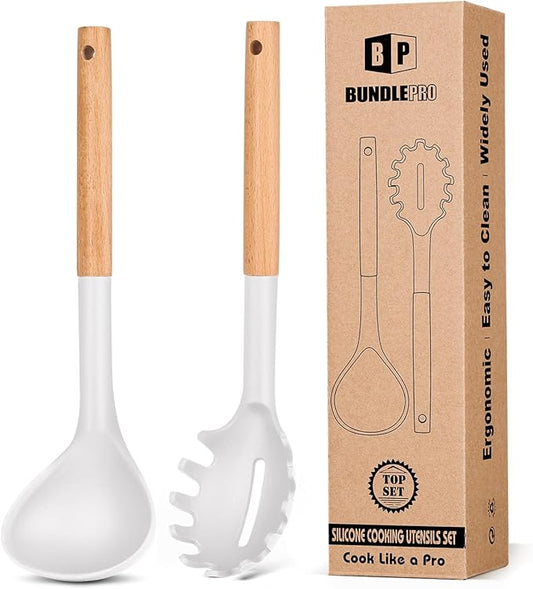 Silicone Pasta Fork and Ladle Spoon Set with Wooden Handle, Heat Resistant Non Stick Kitchen Utensils for Cooking, Stirring, Serving Spaghetti, Soup, Sauce(WHITE)