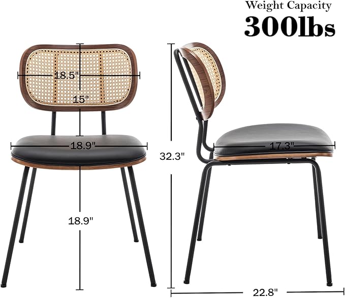 Rattan Dining Chairs Set of 2, Mid Century Modern Dining Chairs with Cane Back for Kitchen Dining Room, 19 Inch Faux Leather Black