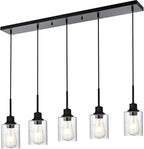 Black Chandelier 5 Light Dining Room Lighting Fixtures Hanging Linear Pendant Lights Industrial Modern Chandelier with Seeded Glass for Kitchen Island Living Room Bedroom Foyer Hall Entryway