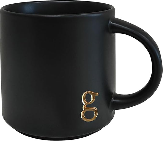 COLLECTIVE HOME - Black Monogram Ceramic Mugs, 15 oz Golden Initial Coffee Cups, Elegant Alphabet Tea Mugs, Personalized Halloween Mug with Gift Box, Perfect for Office and Home Décor (g)