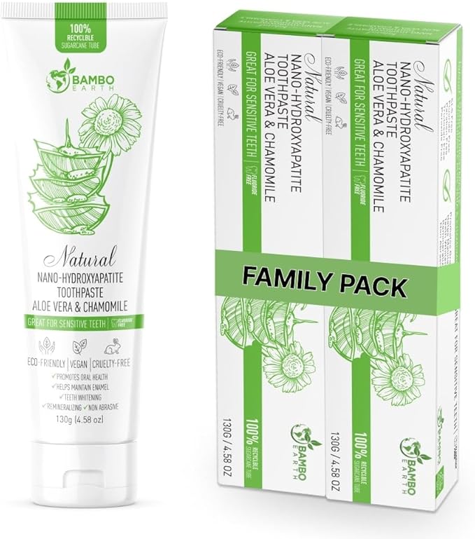 Natural Fluoride Free Toothpaste - Nano Hydroxyapatite, Remineralizing, Sensitive Teeth, Whitening & Zero Waste Tube - Dentist Recommended for Adult & Kids Oral Aloe Vera & Chamomile (2 Pack, Aloe)