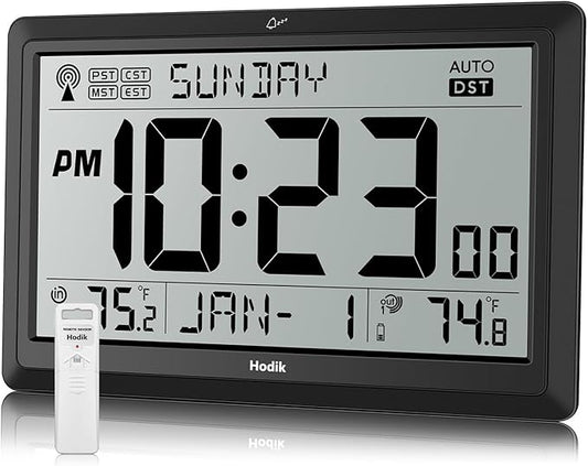 Wall Clock Atomic with Indoor Outdoor Temperature Battery Powered, Easy Reading with 10.5 Inch Large LCD Display, 330FT Range Table Wall Clock with DST, 12/24 Hour for Living Room Kitchen (Black)