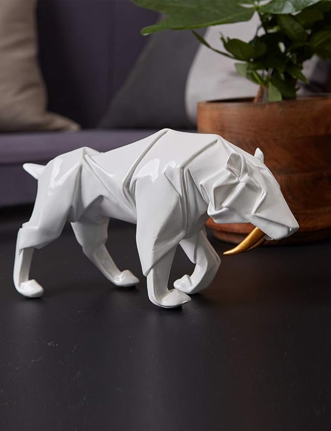 HAUCOZE Dinosaur Statue Arts Animal Figurine Modern Decor Leopard Sculpture Polyresin White 9.8inch