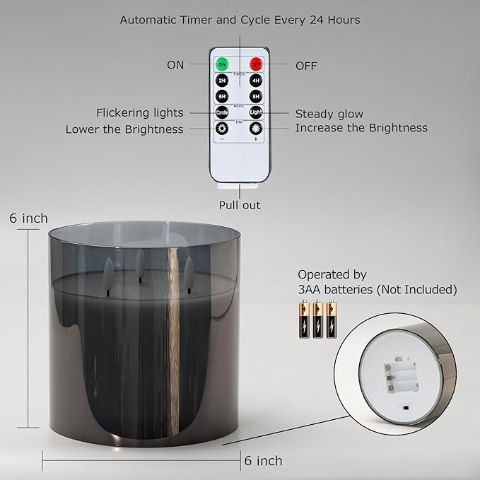 Homemory 6X6'' Extra Large Flameless Candle with 3 Wicks, Glass LED Pillar Candle, Real Wax Battery Operated Candle with Remote Control and Timer, Grey