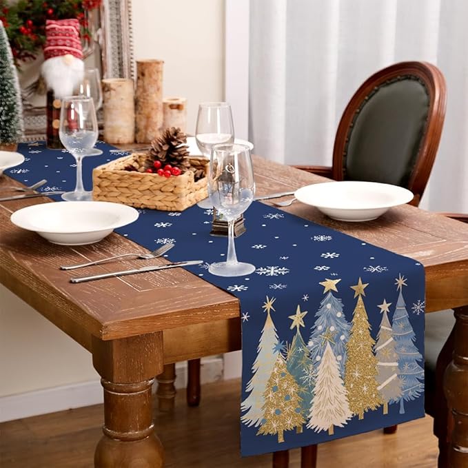 GEEORY Christmas Table Runner 13x36 Inch, Xmas Trees Snowflakes Holiday Decorative Farmhouse Table Decoration for Kitchen Dinning, Indoor Outdoor Dinner Party Decor (Blue) GT151-36