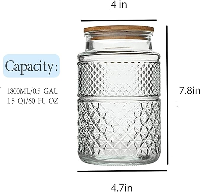 Large Glass Storage Jar, 2 Pack 60 FL OZ Glass Food Storage Containers with Bamboo Lid, Kitchen Containers Cereal Canisters Decorative Jar for Candy Snack Cookies Coffee Tea Nuts Airtight Glass Jars
