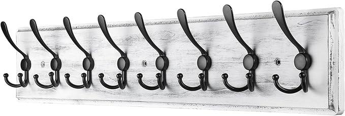 Coat Rack Wall Mount, Wooden Heavy Duty Coat Rack for Wall,8 Triple Coat Hanger Hooks for Hanging Coats,Jacket,Hat,Clothes (Grey White, 8 Hooks)