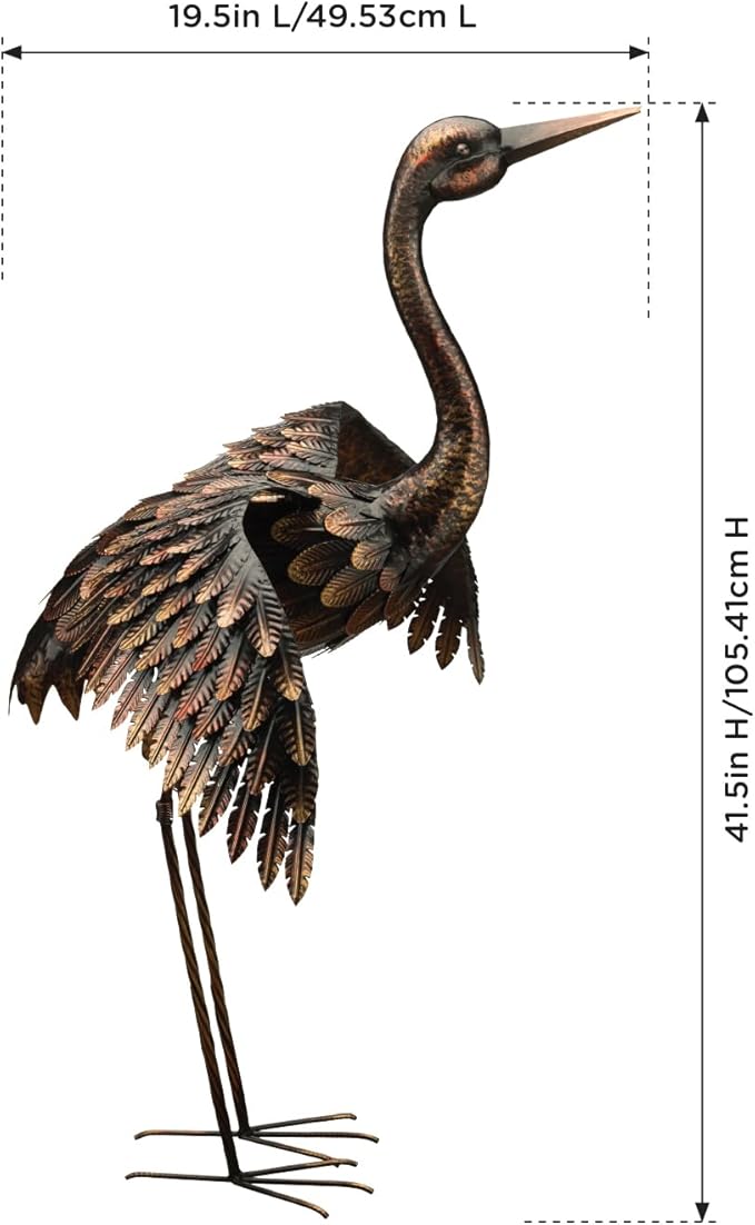 Regal Art & Gift Outdoor Garden Décor, Unique Bird Sculpture, Rustic Metal Bird Statues, Garden Ornaments, Bird Figurine for Lawn, Decorative Sculpture, Crane, Multi, Wings Down, 42" Height