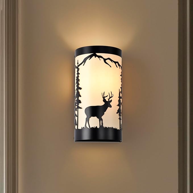 Wall Light Fixtures,Deer Cream White Parchment Rustic Wall Sconces,Farmhouse E26 Base Wall Sconce Light,Industrial Metal Black Sconce,Wall Lamps for Bedroom,Living Room,Hallway,Stairway